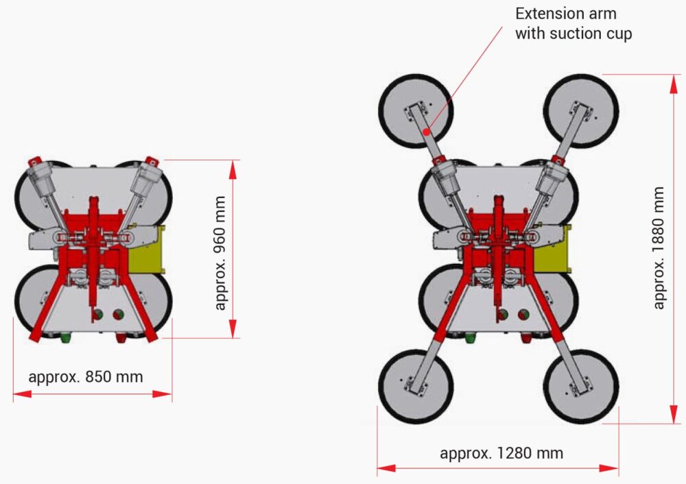 OKTOPUS Glass Vcuum Manipulator 600kg Dimensions